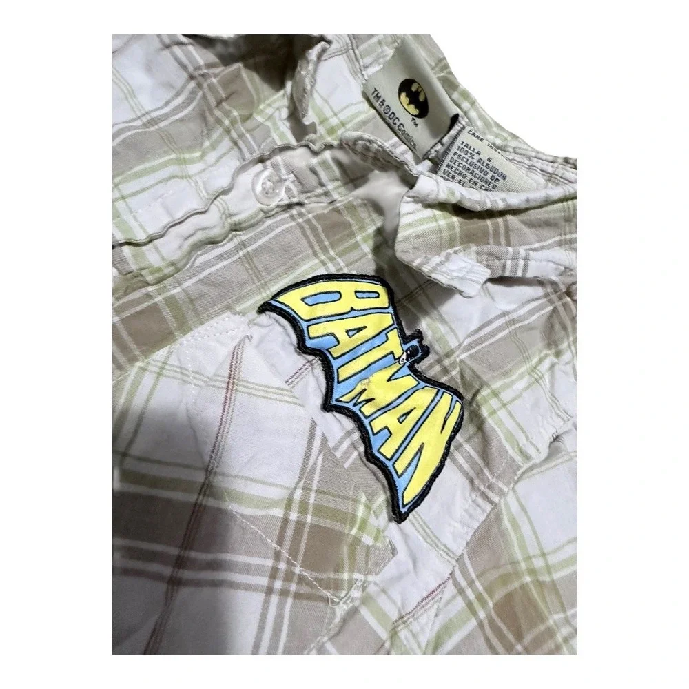 DC Comics Batman Shirt Kids Size 6 Plaid Button Down‎ Short Sleeve Beige Green